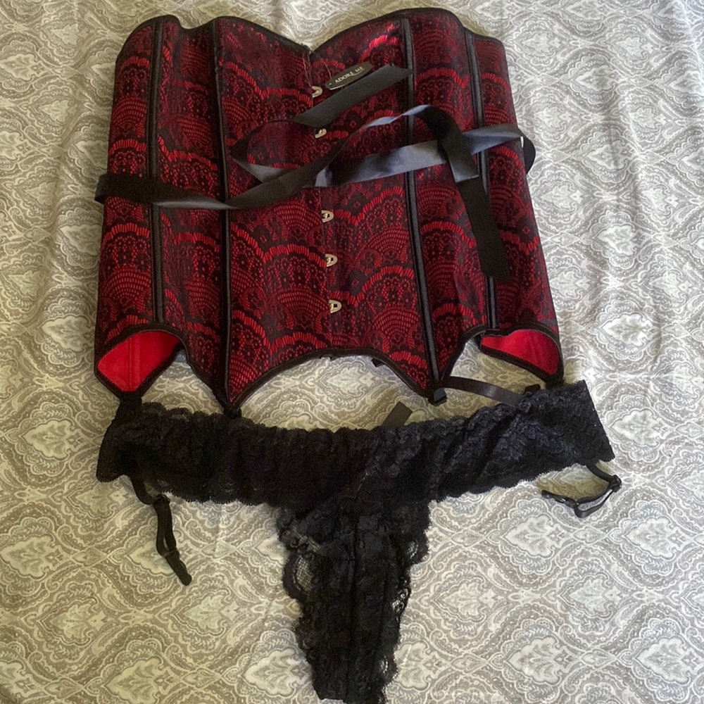 Adore Me brocade corset and stretch lace thing NWT